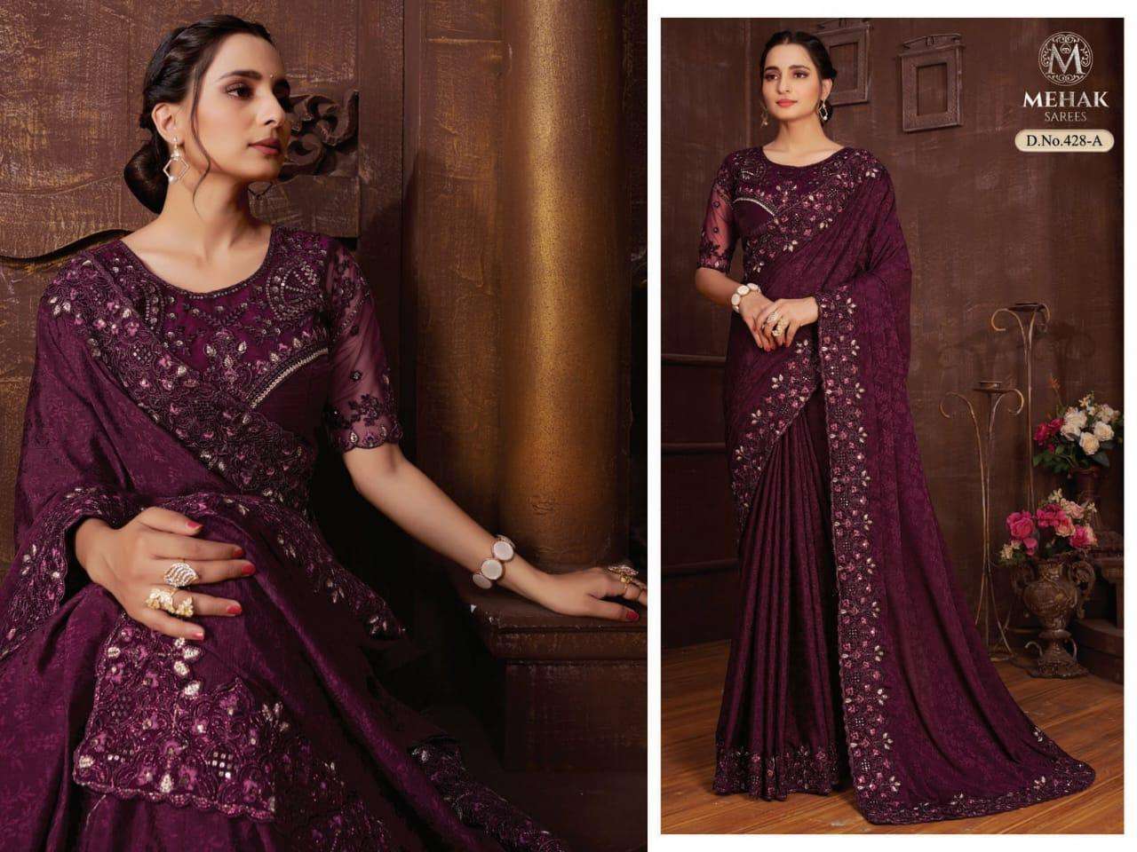 mehak sarees monaco 428-431 design colors wedding party wear sarees 