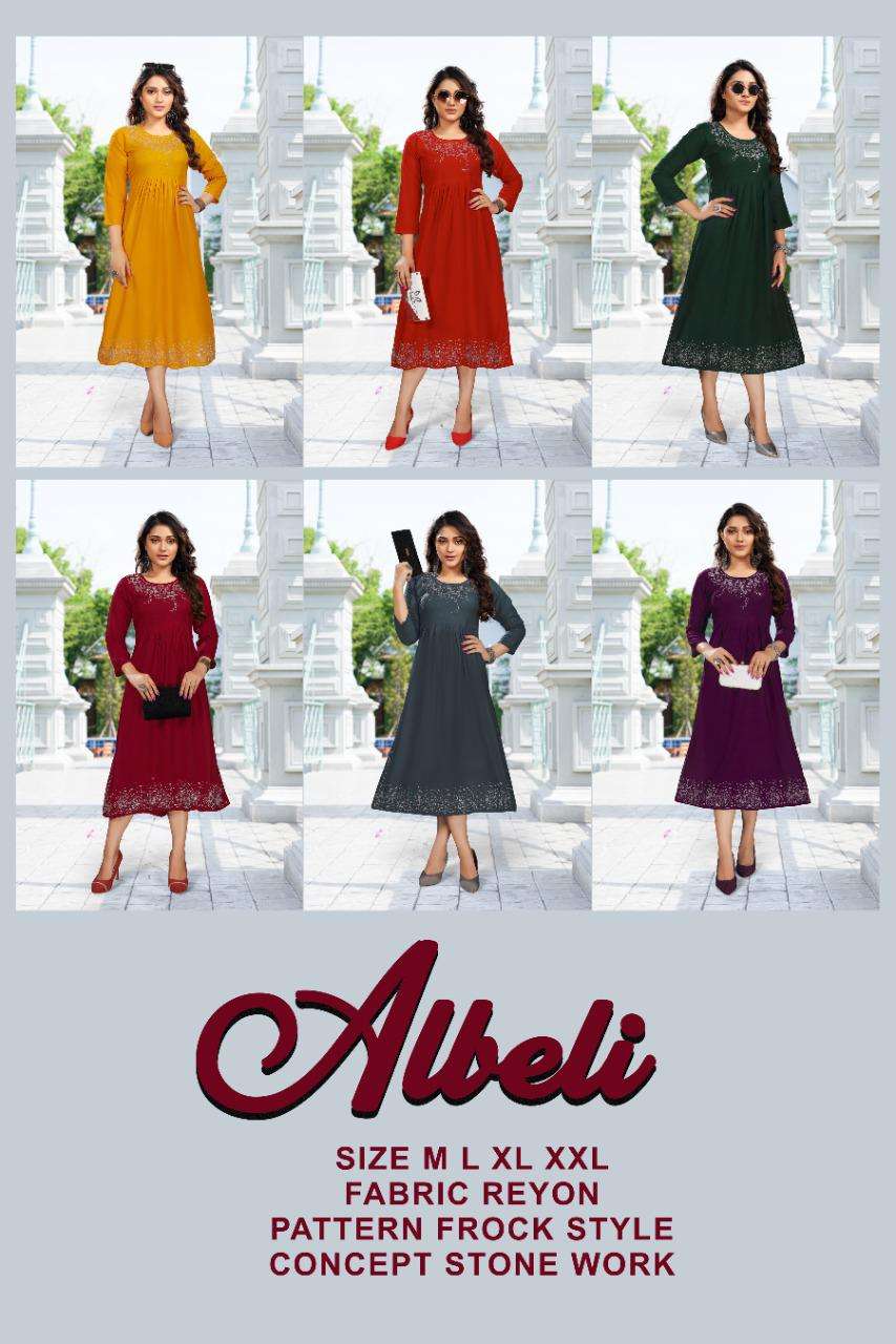New Albeli HEAVY Reyon stone work frock style KURTI CATALOG WHOLESALER BEST RATE