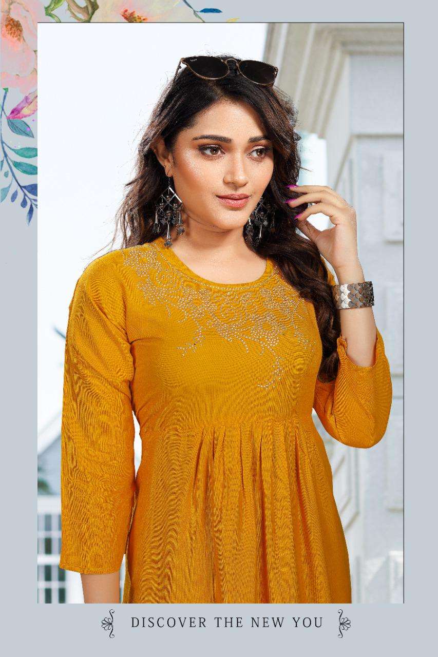 New Albeli HEAVY Reyon stone work frock style KURTI CATALOG WHOLESALER BEST RATE