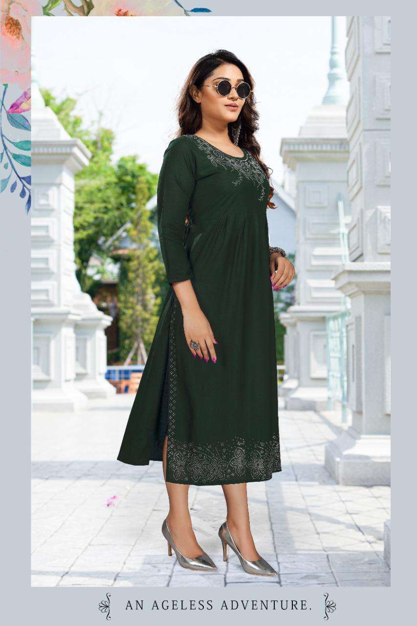 New Albeli HEAVY Reyon stone work frock style KURTI CATALOG WHOLESALER BEST RATE