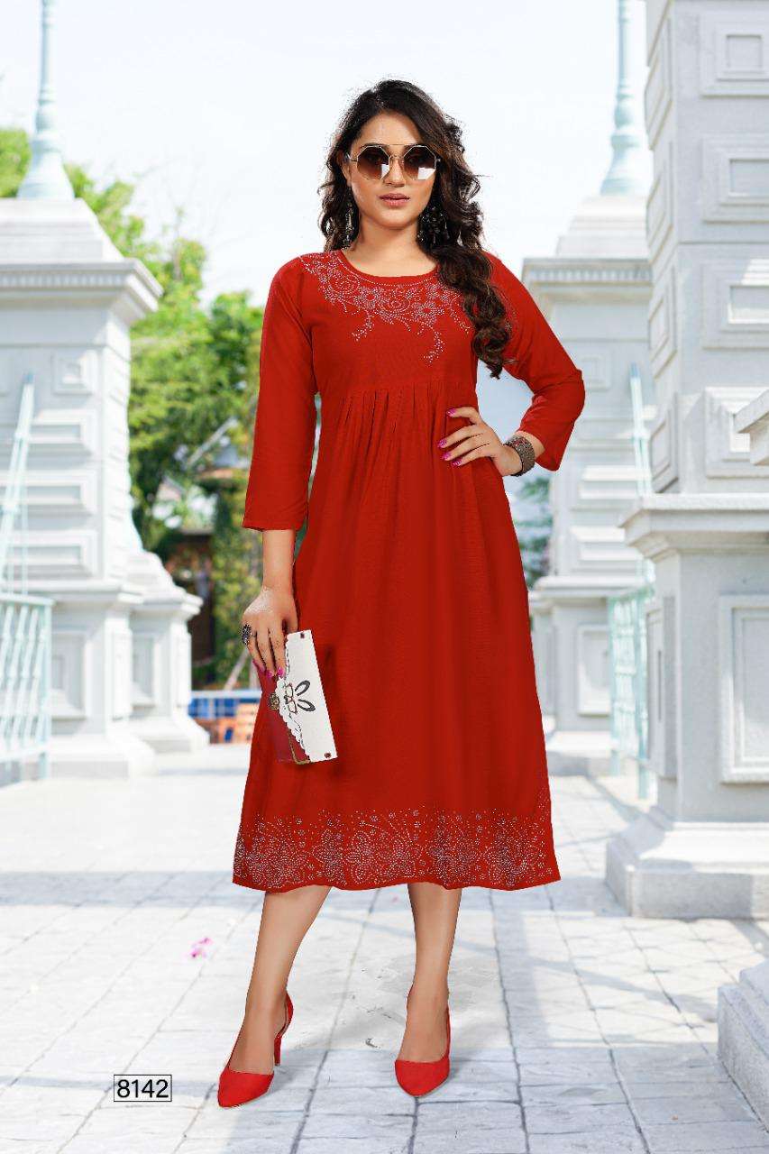 New Albeli HEAVY Reyon stone work frock style KURTI CATALOG WHOLESALER BEST RATE