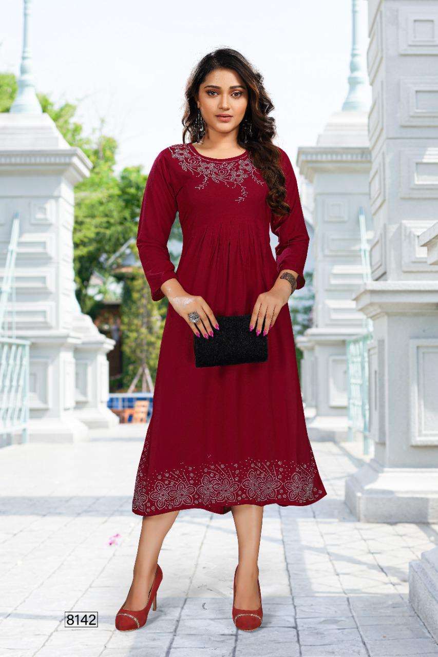 New Albeli HEAVY Reyon stone work frock style KURTI CATALOG WHOLESALER BEST RATE