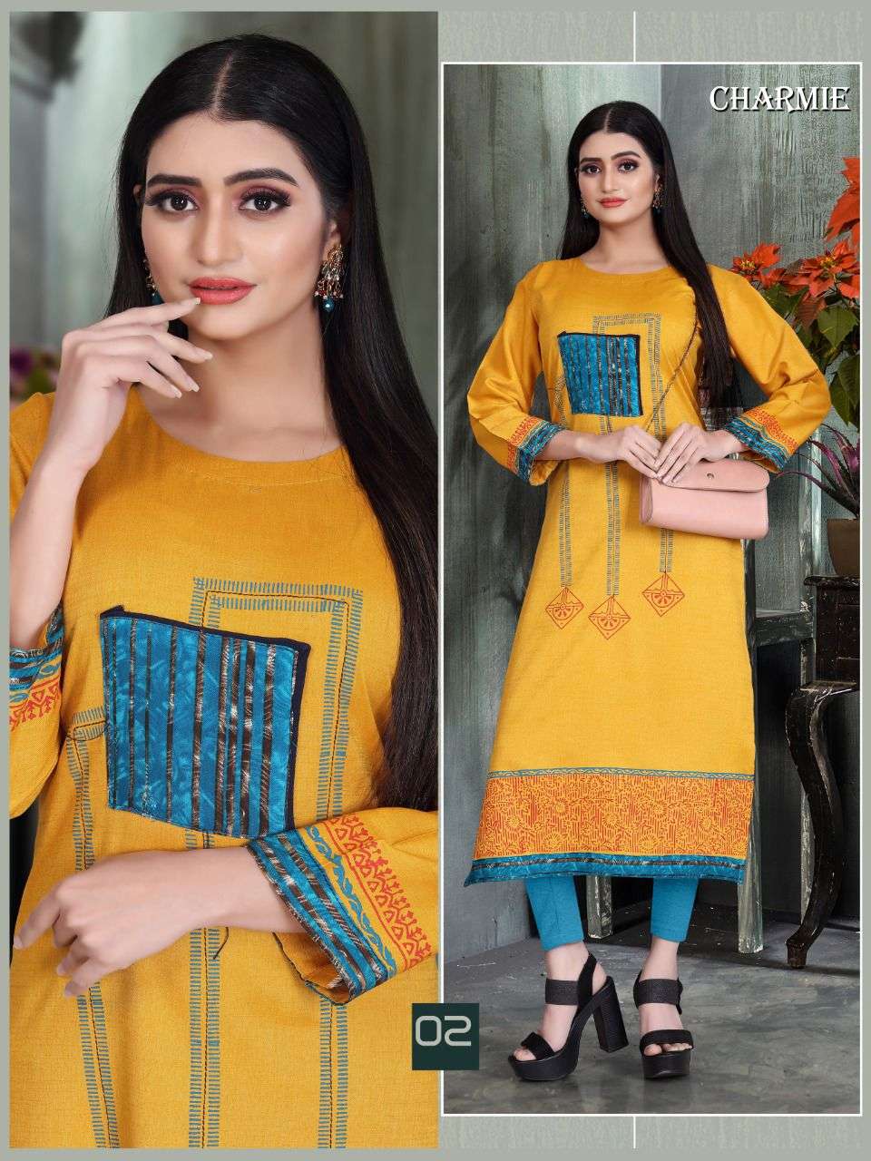 New Charmie Heavy Rayon Liquid Block Work with Print Patch Work Concept KURTI CATALOG WHOLESALER BEST RATE