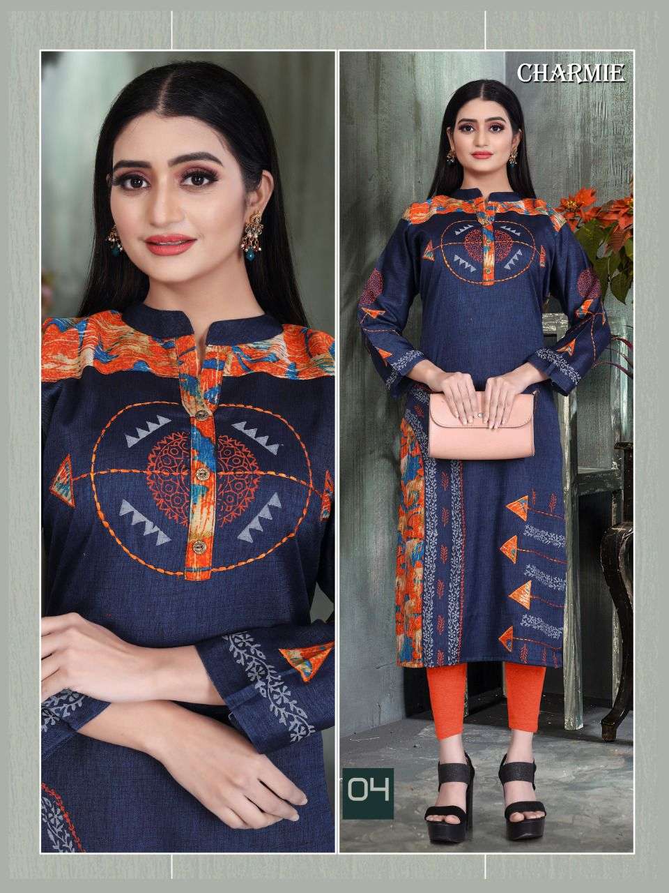 New Charmie Heavy Rayon Liquid Block Work with Print Patch Work Concept KURTI CATALOG WHOLESALER BEST RATE