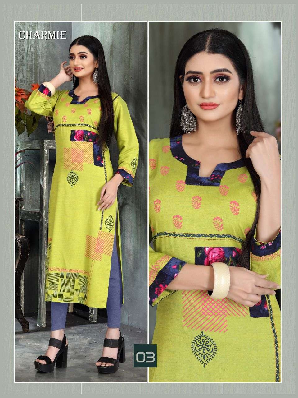 New Charmie Heavy Rayon Liquid Block Work with Print Patch Work Concept KURTI CATALOG WHOLESALER BEST RATE