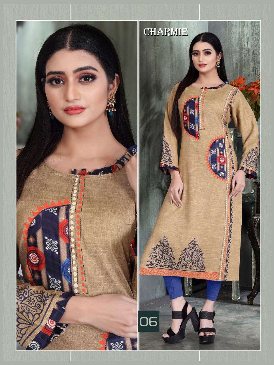 New Charmie Heavy Rayon Liquid Block Work with Print Patch Work Concept KURTI CATALOG WHOLESALER BEST RATE