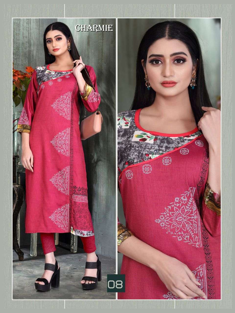 New Charmie Heavy Rayon Liquid Block Work with Print Patch Work Concept KURTI CATALOG WHOLESALER BEST RATE