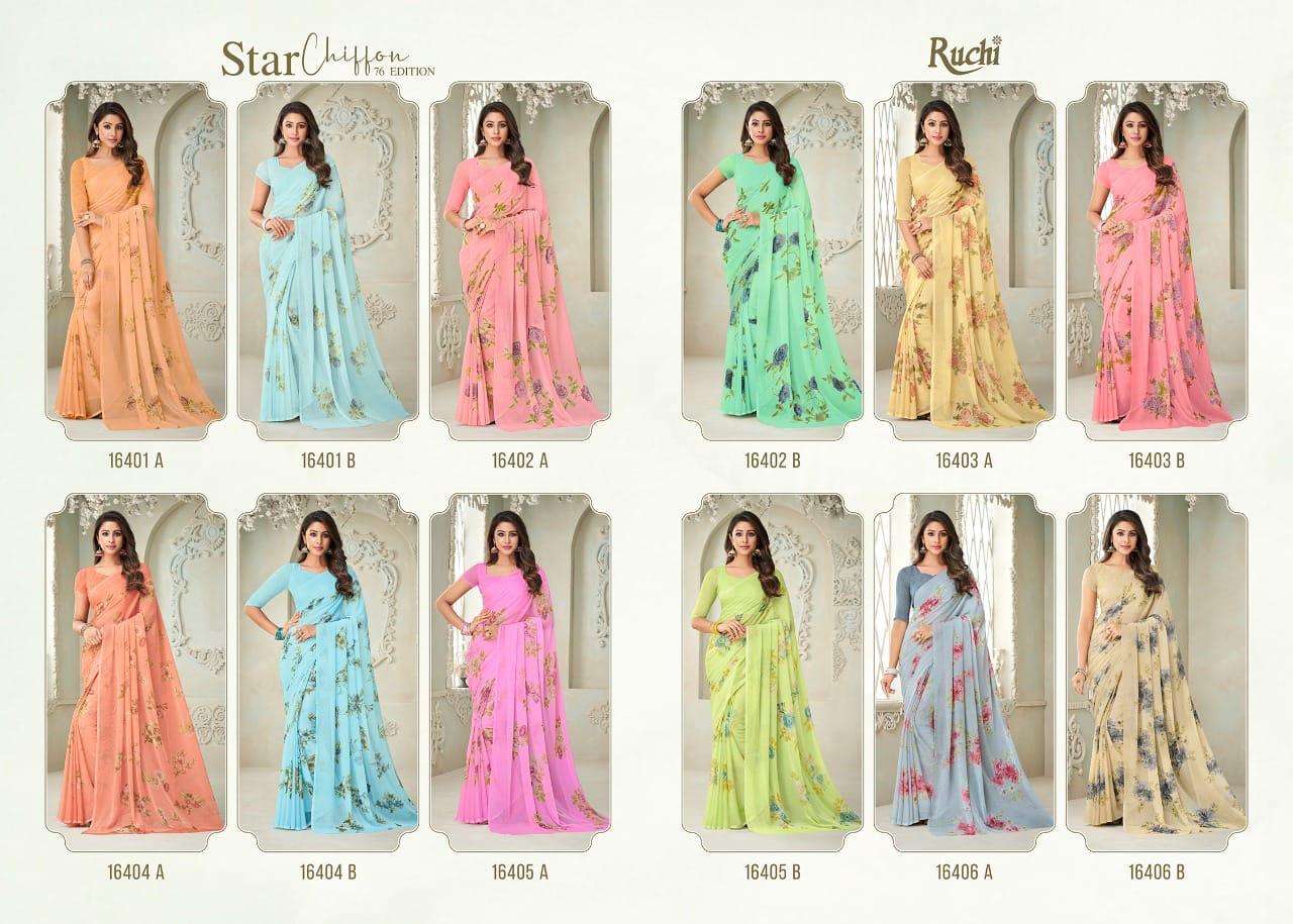 ruchi star chiffon 76 printed light color matching sarees 