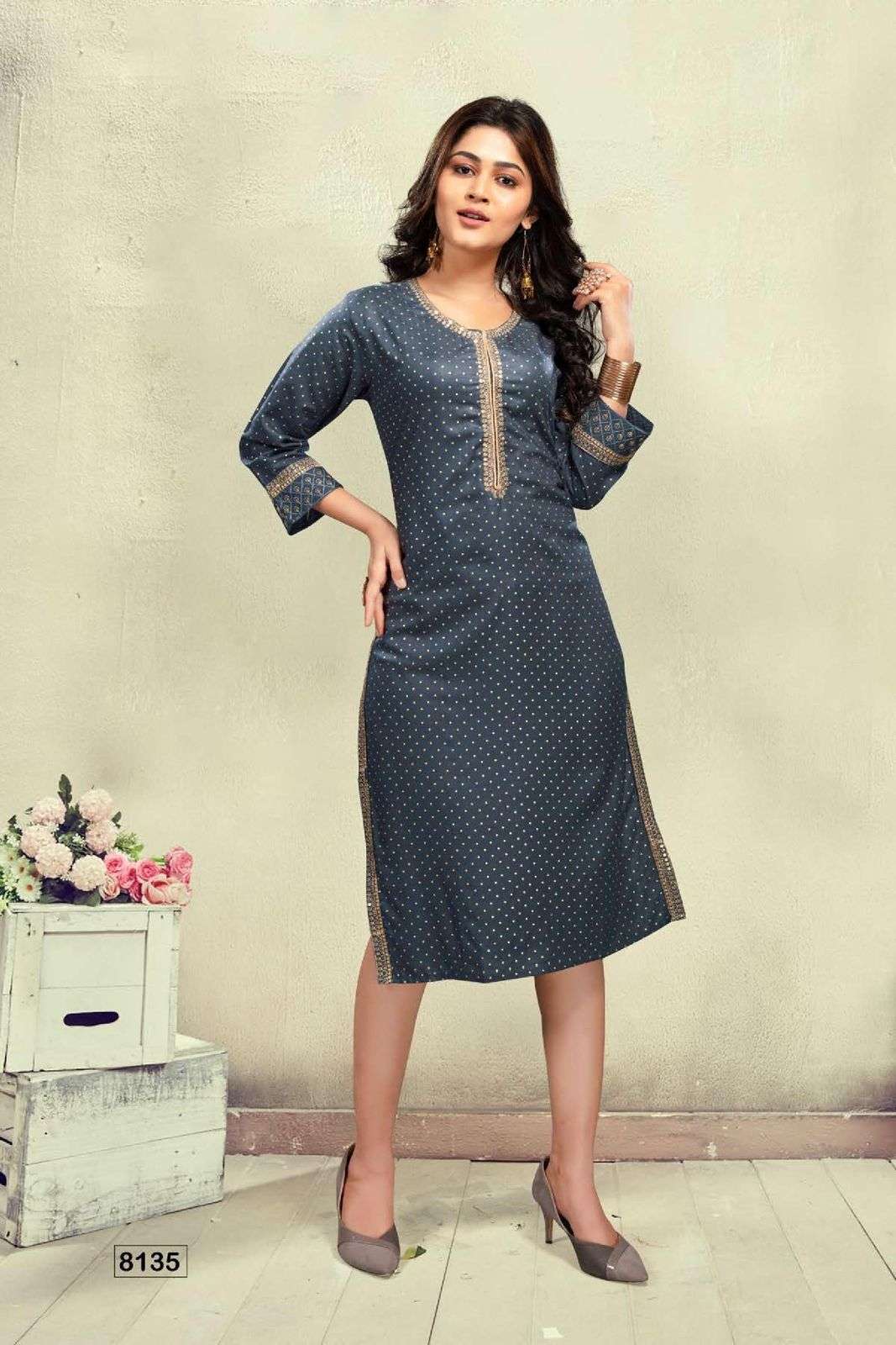 GOLDEN KALKI HEAVY RAYON SEQUENCE WORK & FOIL PRINT STRAIGHT KURTI STYLE CATALOG WHOLESALER BEST RATE