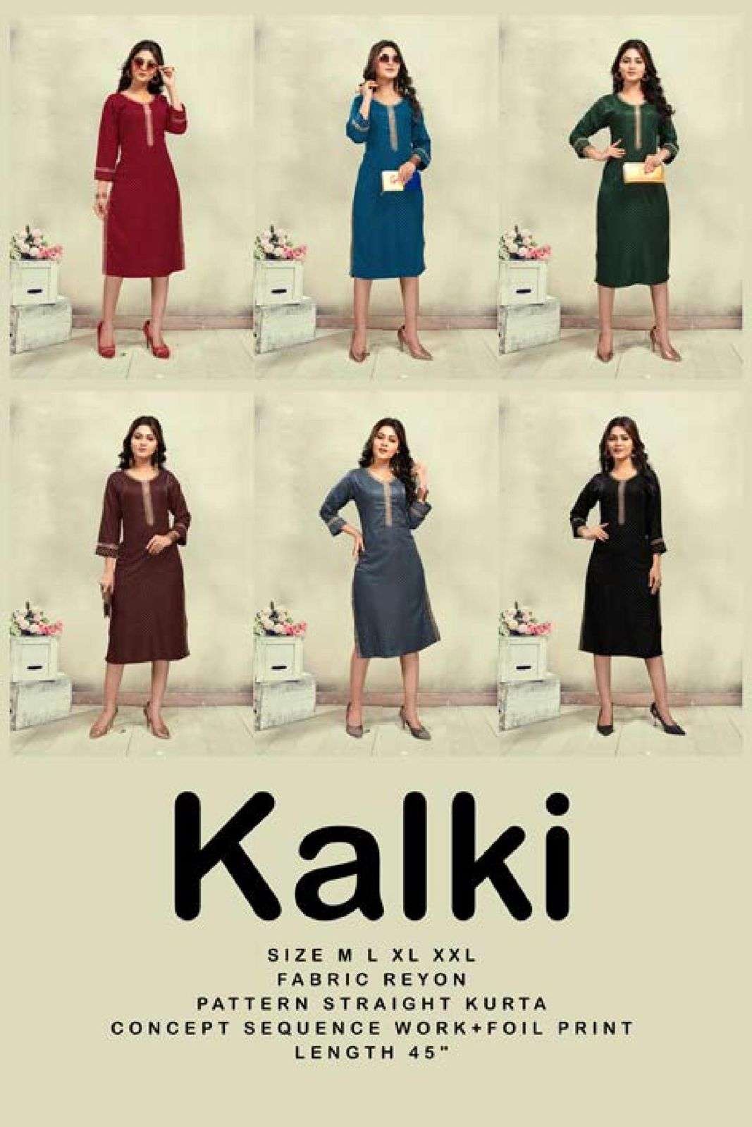 GOLDEN KALKI HEAVY RAYON SEQUENCE WORK & FOIL PRINT STRAIGHT KURTI STYLE CATALOG WHOLESALER BEST RATE