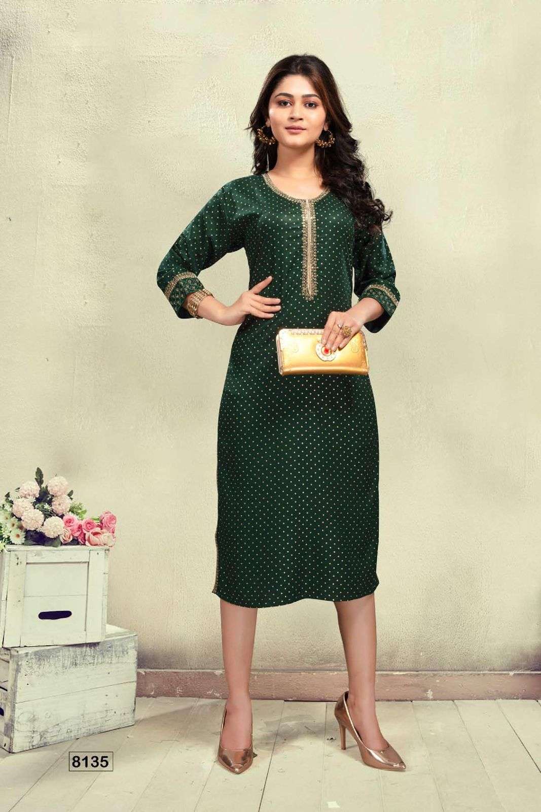 GOLDEN KALKI HEAVY RAYON SEQUENCE WORK & FOIL PRINT STRAIGHT KURTI STYLE CATALOG WHOLESALER BEST RATE