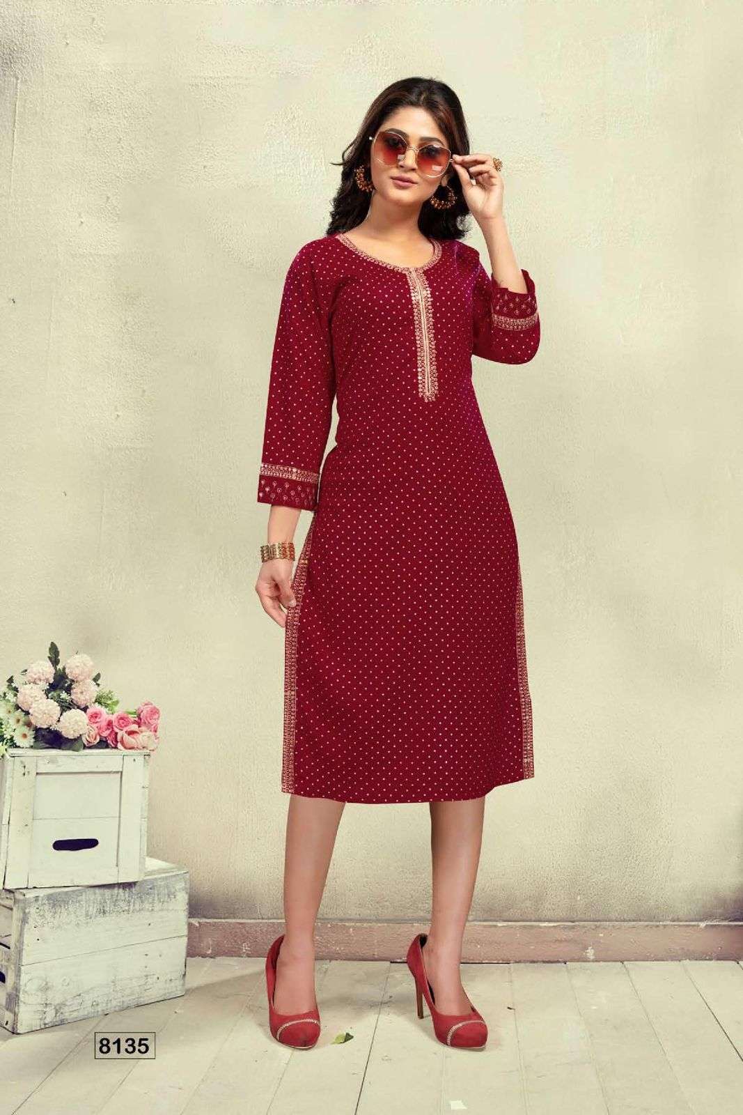 GOLDEN KALKI HEAVY RAYON SEQUENCE WORK & FOIL PRINT STRAIGHT KURTI STYLE CATALOG WHOLESALER BEST RATE