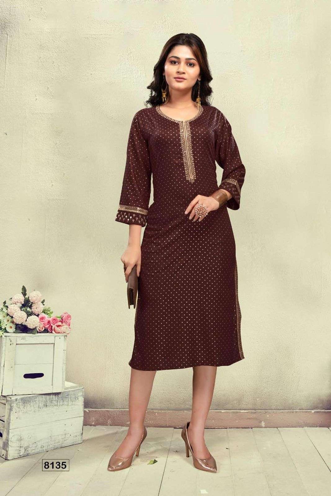 GOLDEN KALKI HEAVY RAYON SEQUENCE WORK & FOIL PRINT STRAIGHT KURTI STYLE CATALOG WHOLESALER BEST RATE