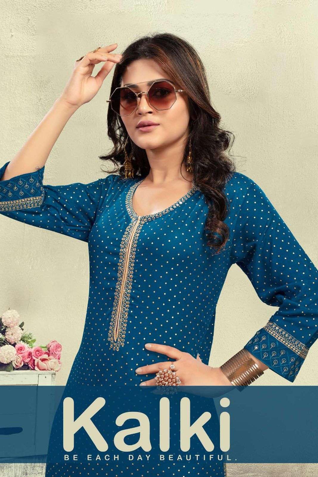 GOLDEN KALKI HEAVY RAYON SEQUENCE WORK & FOIL PRINT STRAIGHT KURTI STYLE CATALOG WHOLESALER BEST RATE