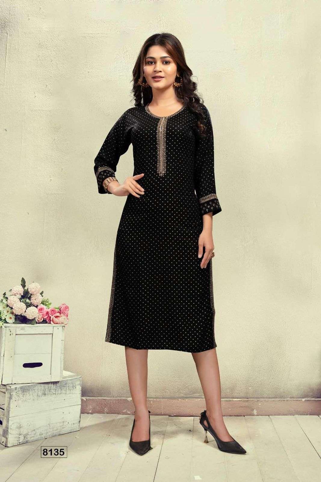 GOLDEN KALKI HEAVY RAYON SEQUENCE WORK & FOIL PRINT STRAIGHT KURTI STYLE CATALOG WHOLESALER BEST RATE