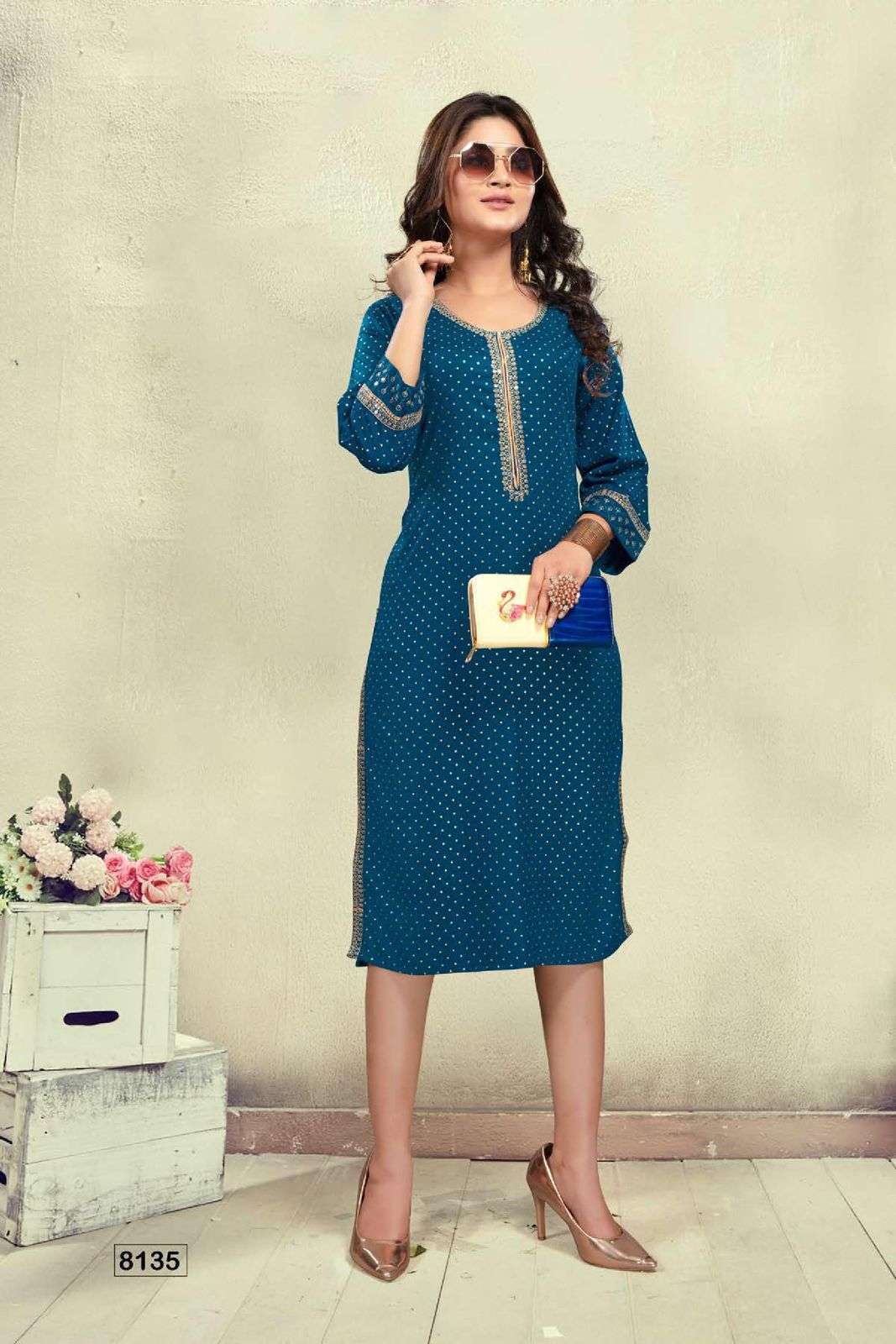 GOLDEN KALKI HEAVY RAYON SEQUENCE WORK & FOIL PRINT STRAIGHT KURTI STYLE CATALOG WHOLESALER BEST RATE