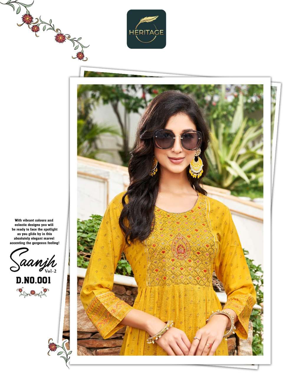 heritage creation saanjh vol 2 flare kurti with sequence pattern 