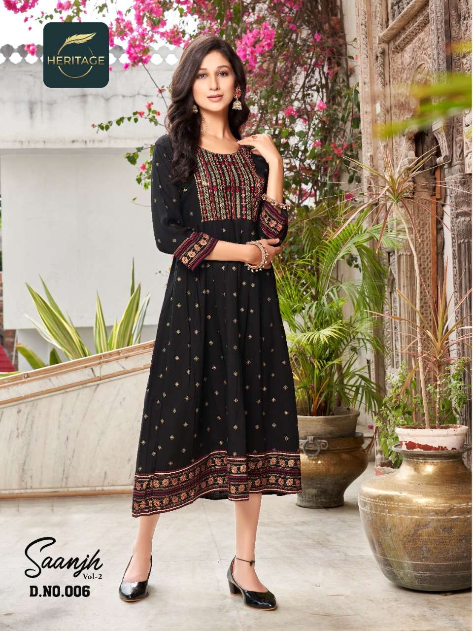 heritage creation saanjh vol 2 flare kurti with sequence pattern 