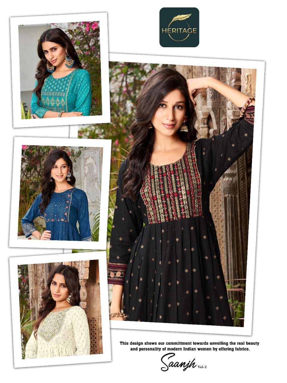 heritage creation saanjh vol 2 flare kurti with sequence pattern 