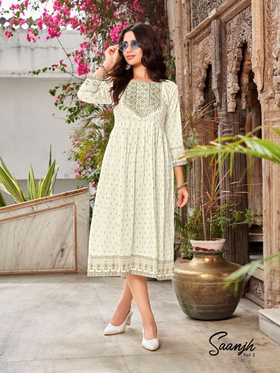 heritage creation saanjh vol 2 flare kurti with sequence pattern 
