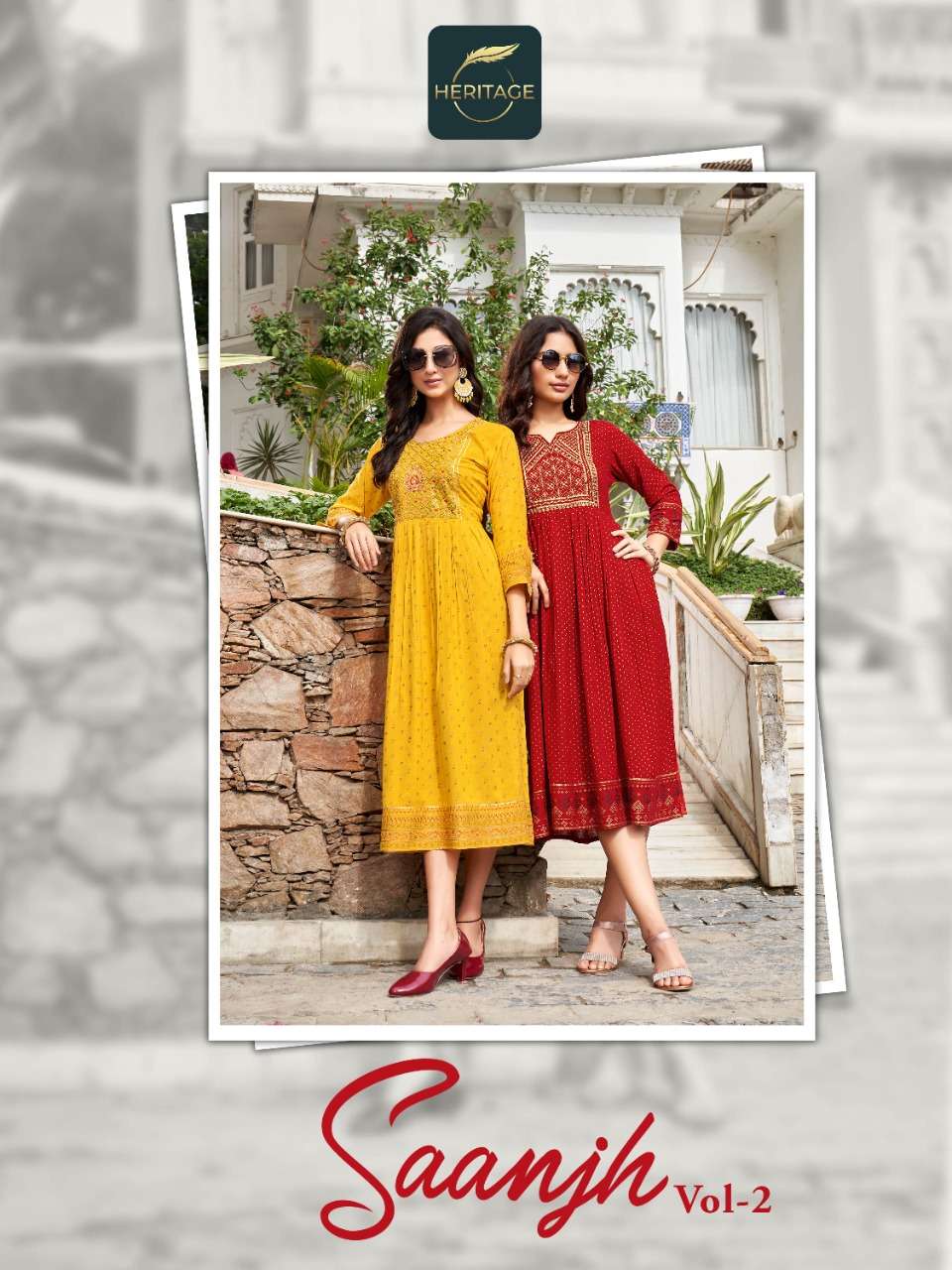 heritage creation saanjh vol 2 flare kurti with sequence pattern 