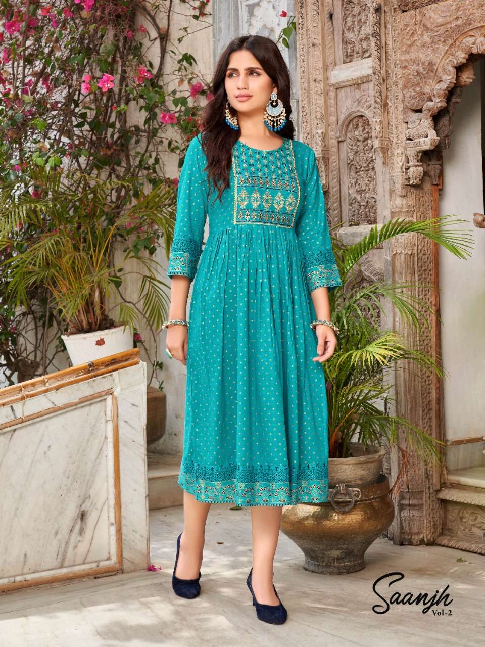 heritage creation saanjh vol 2 flare kurti with sequence pattern 