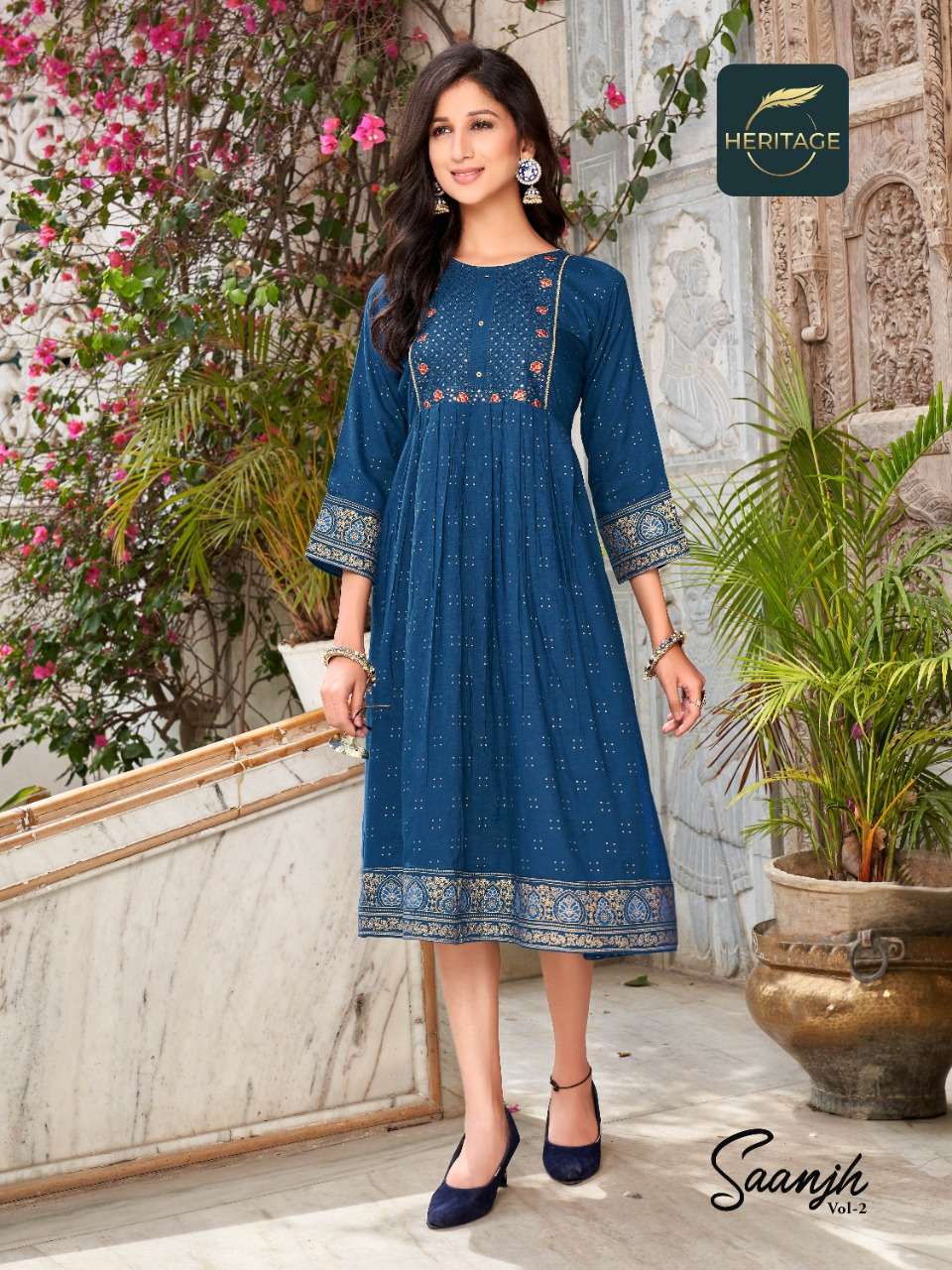 heritage creation saanjh vol 2 flare kurti with sequence pattern 