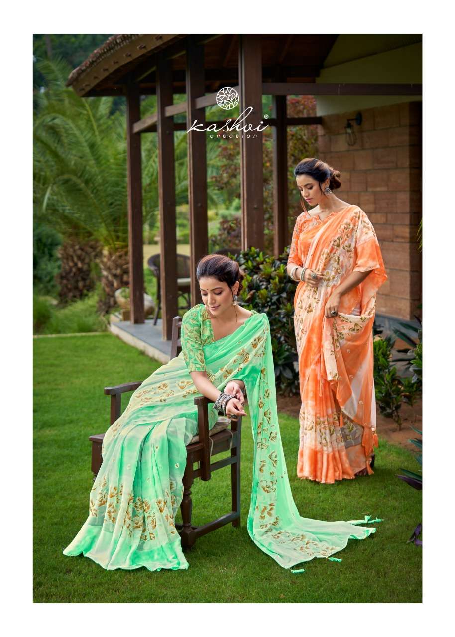 kashvi gulnaaz georgette satin border with foil prints only exports 