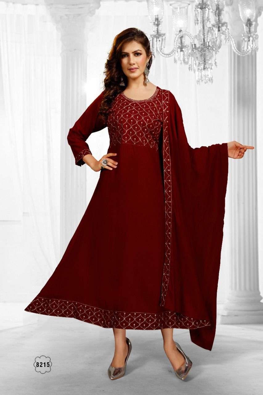 BEAUTY QUEEN SAHELI RAYON FROCK STYLE & DUPATTA  JARI EMBROIDERY WORK KURTI CATALOG WHOLESALER BEST RATE