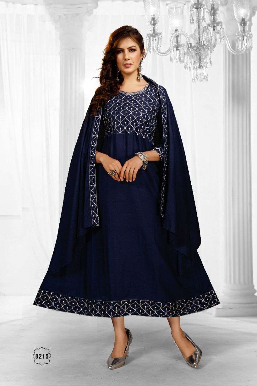 BEAUTY QUEEN SAHELI RAYON FROCK STYLE & DUPATTA  JARI EMBROIDERY WORK KURTI CATALOG WHOLESALER BEST RATE