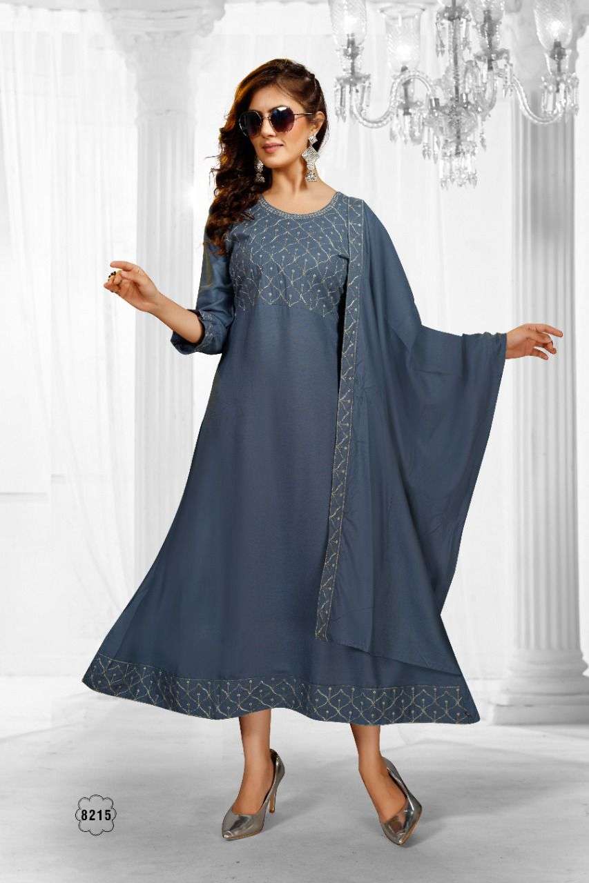 BEAUTY QUEEN SAHELI RAYON FROCK STYLE & DUPATTA  JARI EMBROIDERY WORK KURTI CATALOG WHOLESALER BEST RATE