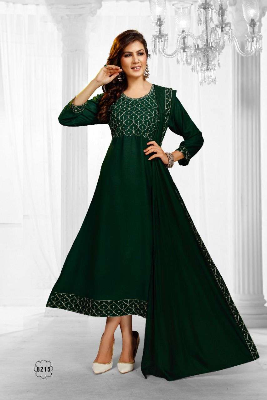 BEAUTY QUEEN SAHELI RAYON FROCK STYLE & DUPATTA  JARI EMBROIDERY WORK KURTI CATALOG WHOLESALER BEST RATE