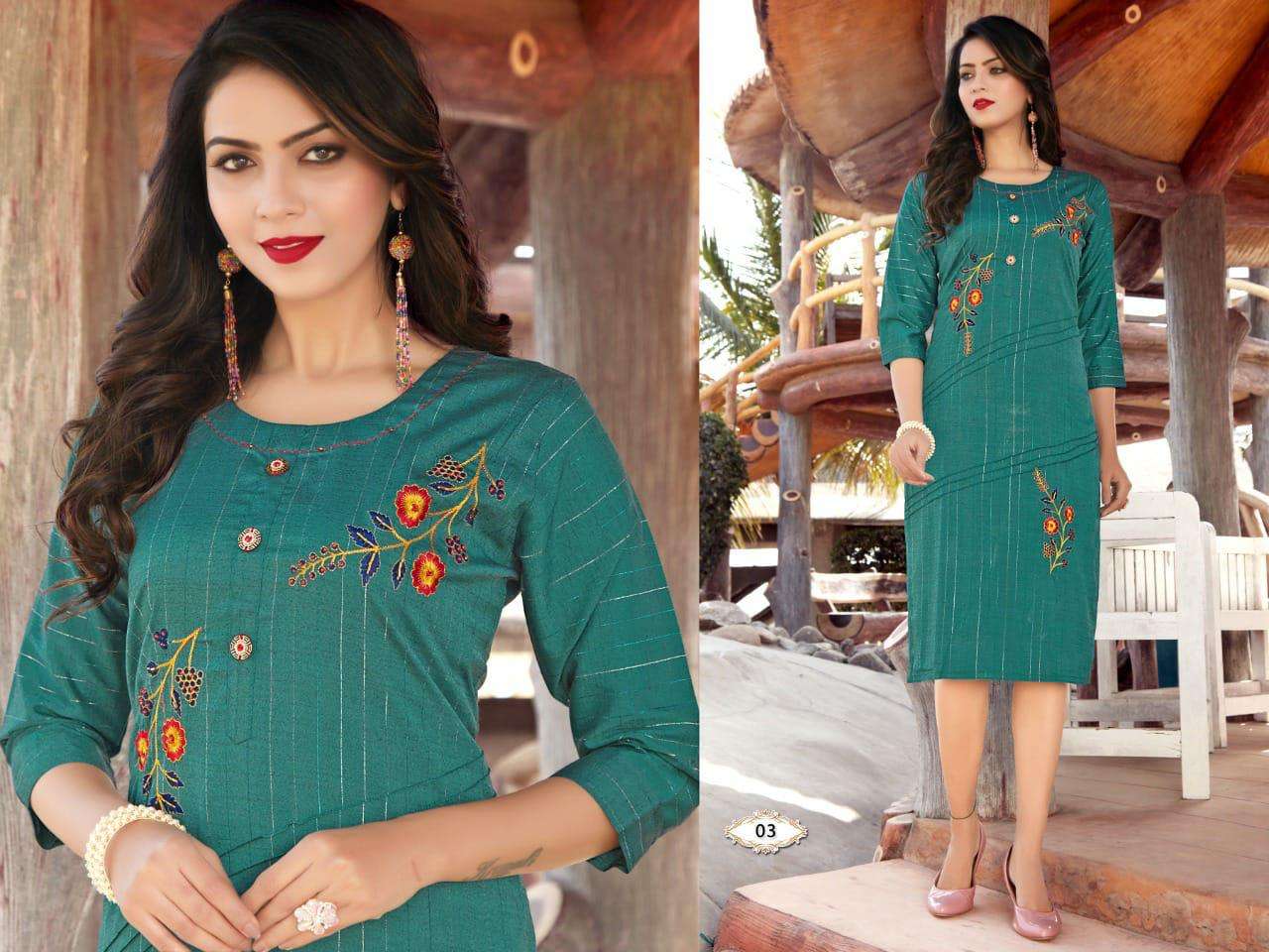  BEAUTY QUEEN SANIYA VOL.1 rayon silk lurex embroidery + Katha work KURTI CATALOG WHOLESALER BEST RATE