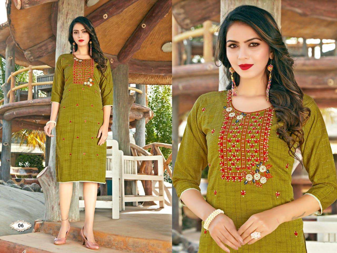  BEAUTY QUEEN SANIYA VOL.1 rayon silk lurex embroidery + Katha work KURTI CATALOG WHOLESALER BEST RATE