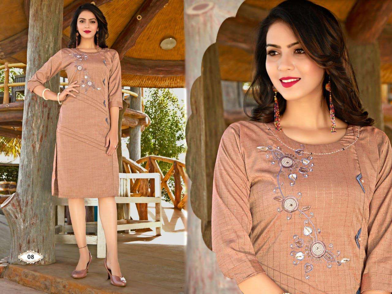  BEAUTY QUEEN SANIYA VOL.1 rayon silk lurex embroidery + Katha work KURTI CATALOG WHOLESALER BEST RATE