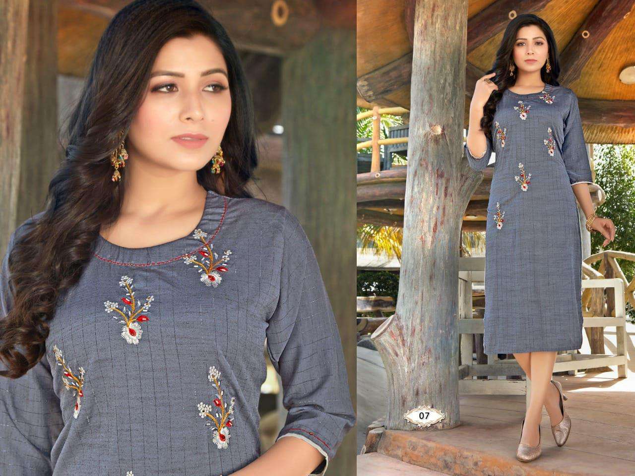  BEAUTY QUEEN SANIYA VOL.1 rayon silk lurex embroidery + Katha work KURTI CATALOG WHOLESALER BEST RATE