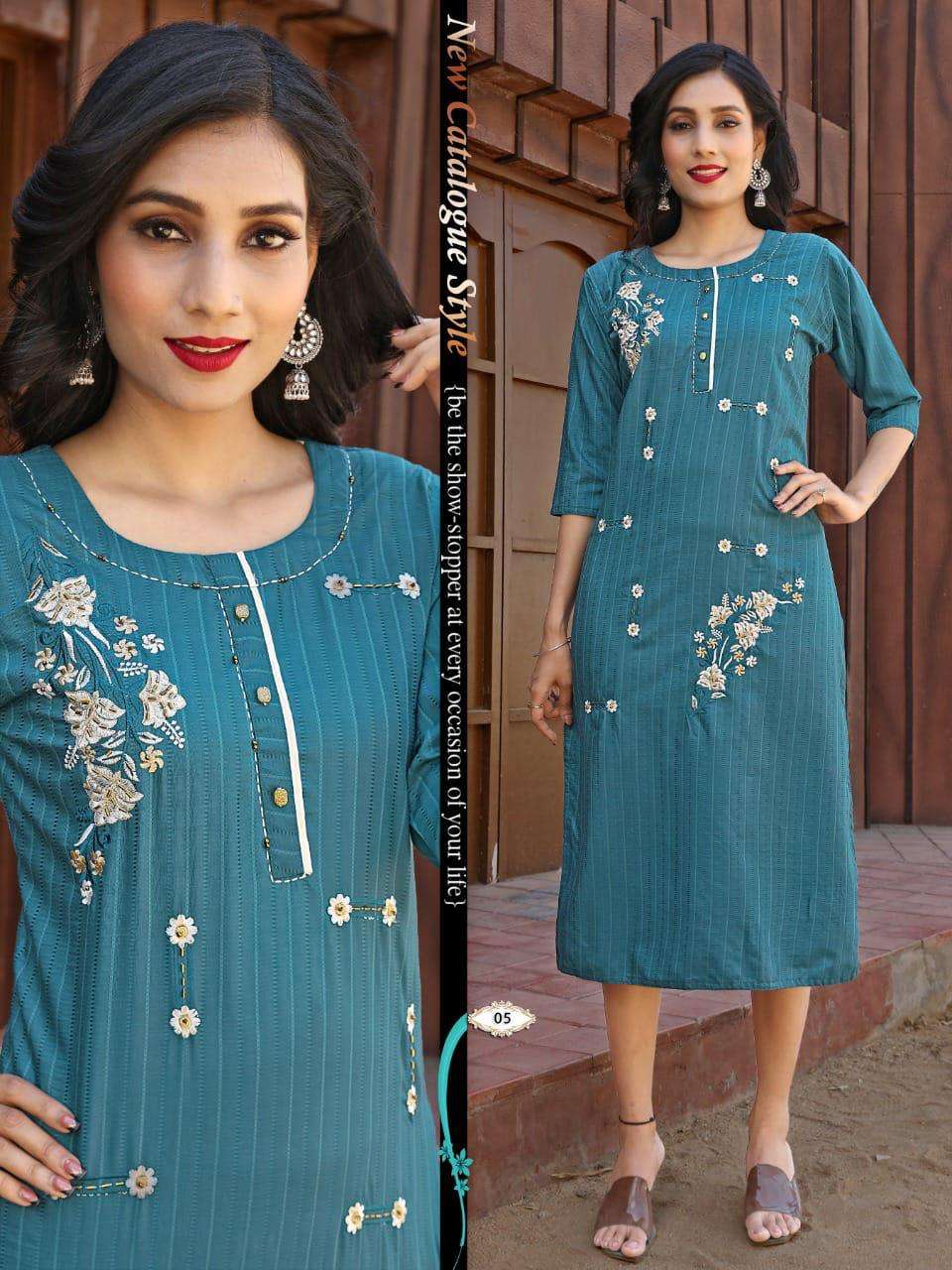 BEAUTY QUEEN SRIVALLI fancy rayon heavy embroidery + katha work KURTI CATALOG WHOLESALER BEST RATE