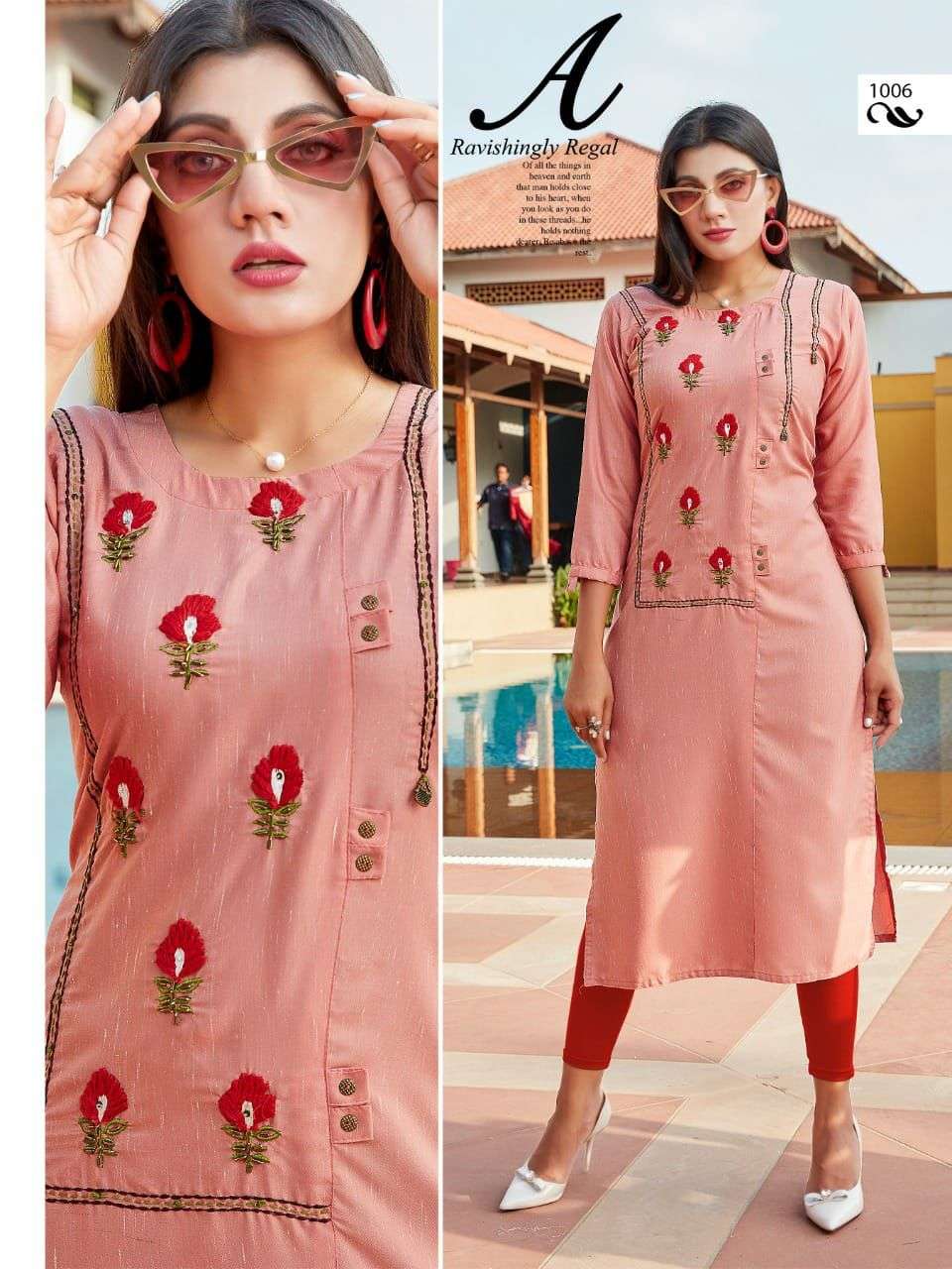 BEAUTY QUEEN SURI liva rayon white icon embroidery + katha work all sleeve different types KURT CATLOG WHOLESALER BEST RATE