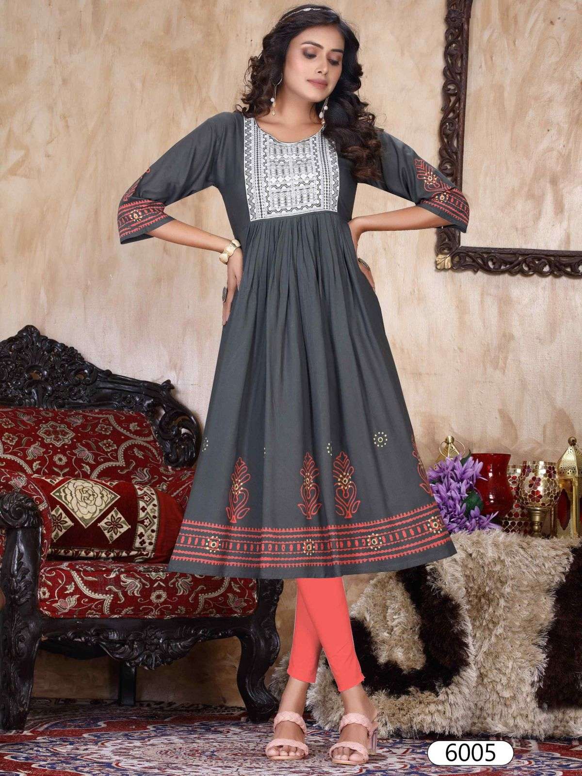 NEW ELLEN VOL.1 Heavy Rayon Sequence Work & Scree Prent Ghera Pattern KURTI CATALOG WHOLESALER BEST RATE