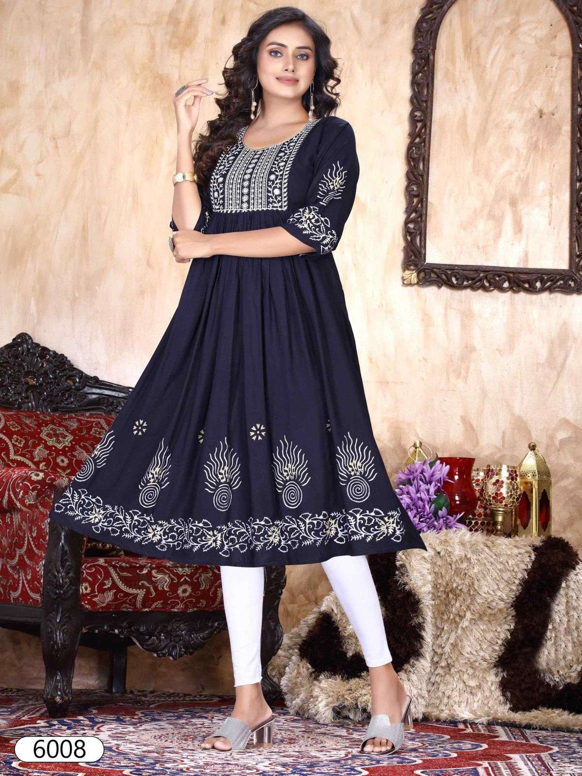 NEW ELLEN VOL.1 Heavy Rayon Sequence Work & Scree Prent Ghera Pattern KURTI CATALOG WHOLESALER BEST RATE