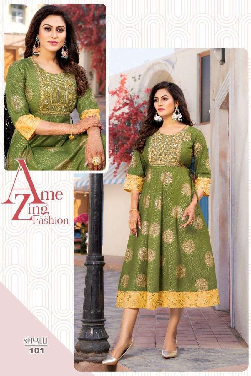 NEW GOLDEN SRIVALLI VOL.1 RAYON 14 KG Fancy LONG KURTI WITH SEQUENCE WORK WITH HEAVEY GOLD PRINT KURTI CATALOG WHOLESALER BEST RATE
