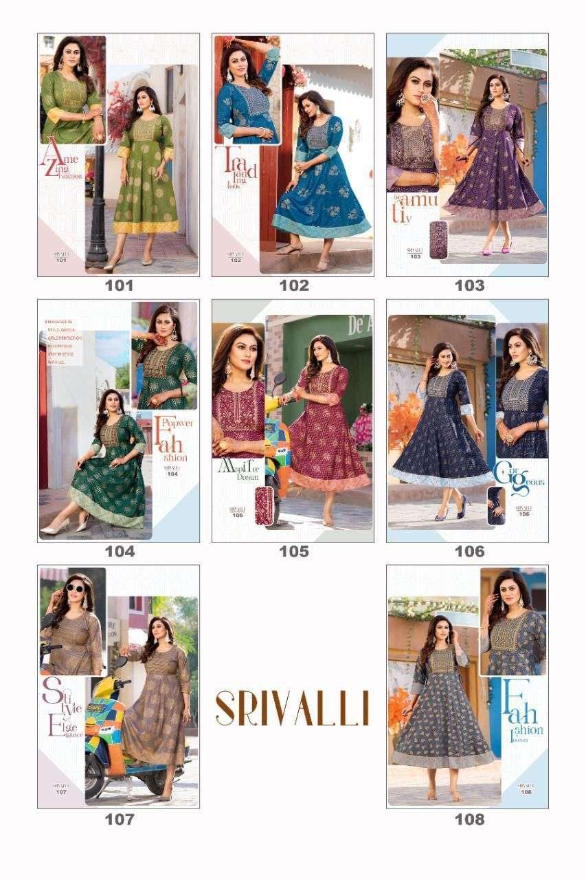 NEW GOLDEN SRIVALLI VOL.1 RAYON 14 KG Fancy LONG KURTI WITH SEQUENCE WORK WITH HEAVEY GOLD PRINT KURTI CATALOG WHOLESALER BEST RATE