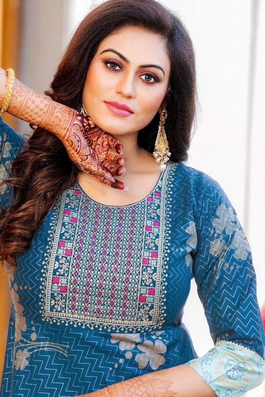 NEW GOLDEN SRIVALLI VOL.1 RAYON 14 KG Fancy LONG KURTI WITH SEQUENCE WORK WITH HEAVEY GOLD PRINT KURTI CATALOG WHOLESALER BEST RATE