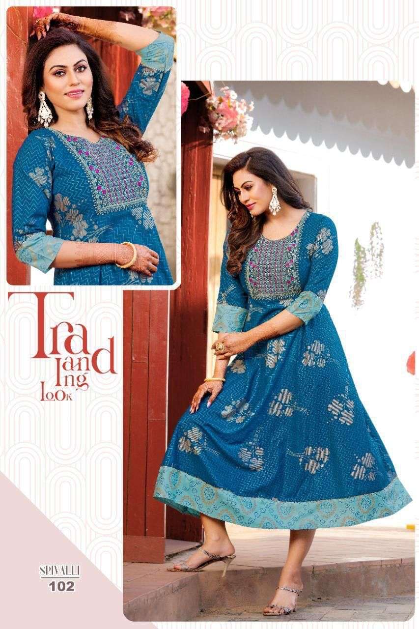 NEW GOLDEN SRIVALLI VOL.1 RAYON 14 KG Fancy LONG KURTI WITH SEQUENCE WORK WITH HEAVEY GOLD PRINT KURTI CATALOG WHOLESALER BEST RATE