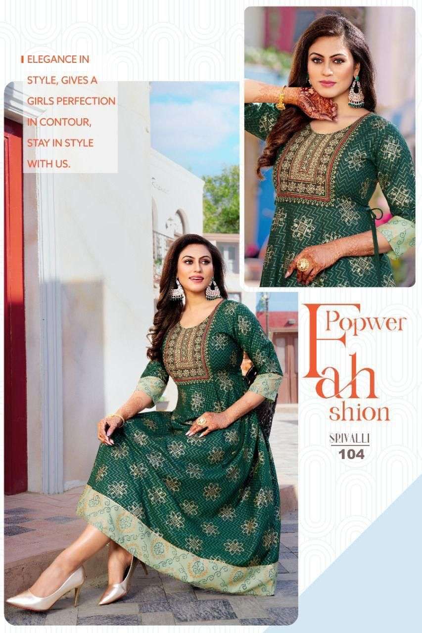 NEW GOLDEN SRIVALLI VOL.1 RAYON 14 KG Fancy LONG KURTI WITH SEQUENCE WORK WITH HEAVEY GOLD PRINT KURTI CATALOG WHOLESALER BEST RATE