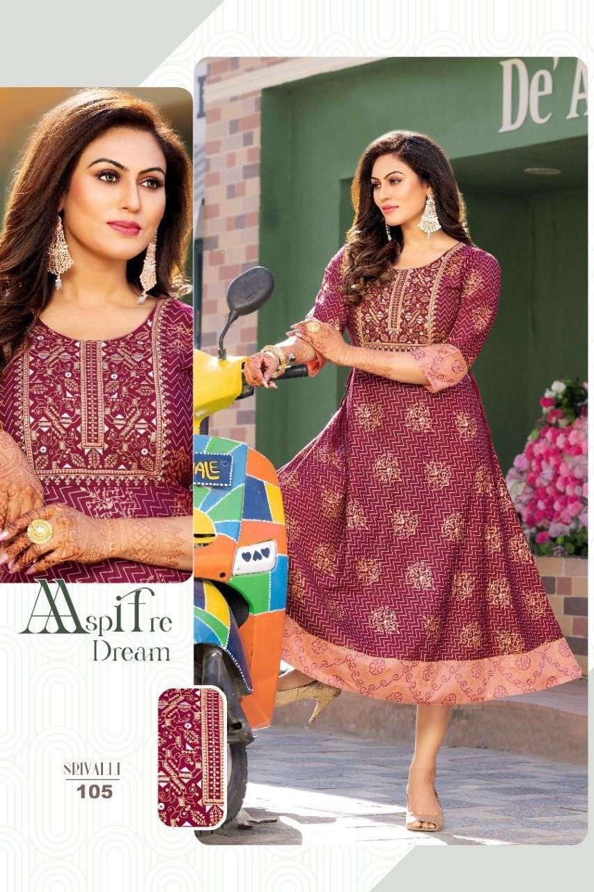 NEW GOLDEN SRIVALLI VOL.1 RAYON 14 KG Fancy LONG KURTI WITH SEQUENCE WORK WITH HEAVEY GOLD PRINT KURTI CATALOG WHOLESALER BEST RATE