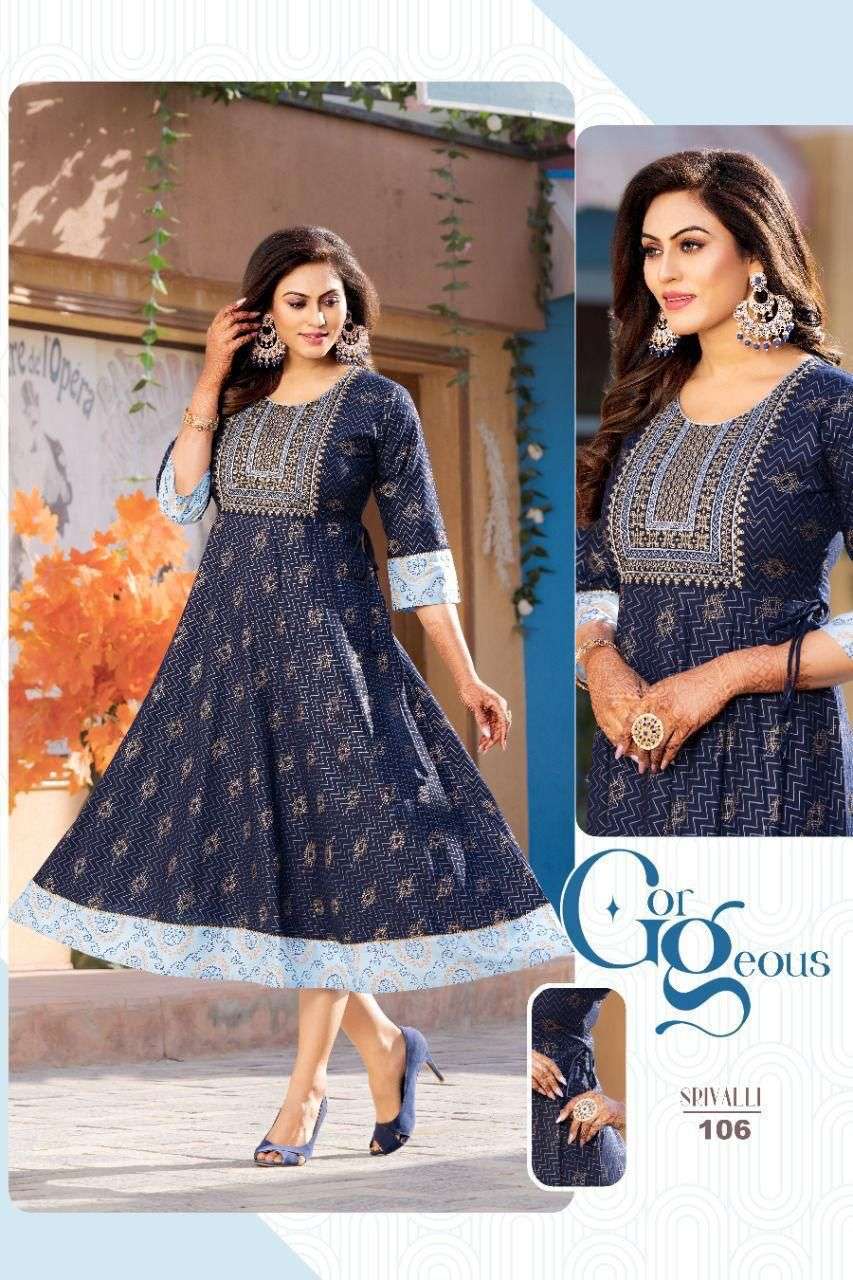 NEW GOLDEN SRIVALLI VOL.1 RAYON 14 KG Fancy LONG KURTI WITH SEQUENCE WORK WITH HEAVEY GOLD PRINT KURTI CATALOG WHOLESALER BEST RATE