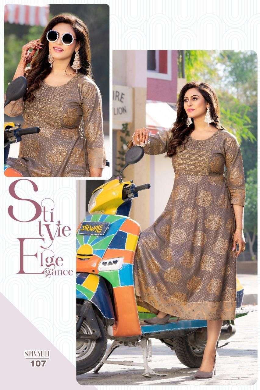 NEW GOLDEN SRIVALLI VOL.1 RAYON 14 KG Fancy LONG KURTI WITH SEQUENCE WORK WITH HEAVEY GOLD PRINT KURTI CATALOG WHOLESALER BEST RATE