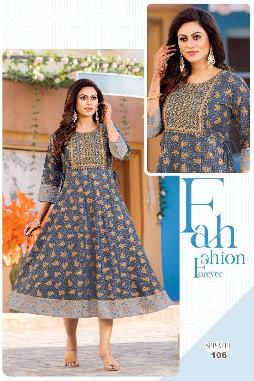 NEW GOLDEN SRIVALLI VOL.1 RAYON 14 KG Fancy LONG KURTI WITH SEQUENCE WORK WITH HEAVEY GOLD PRINT KURTI CATALOG WHOLESALER BEST RATE