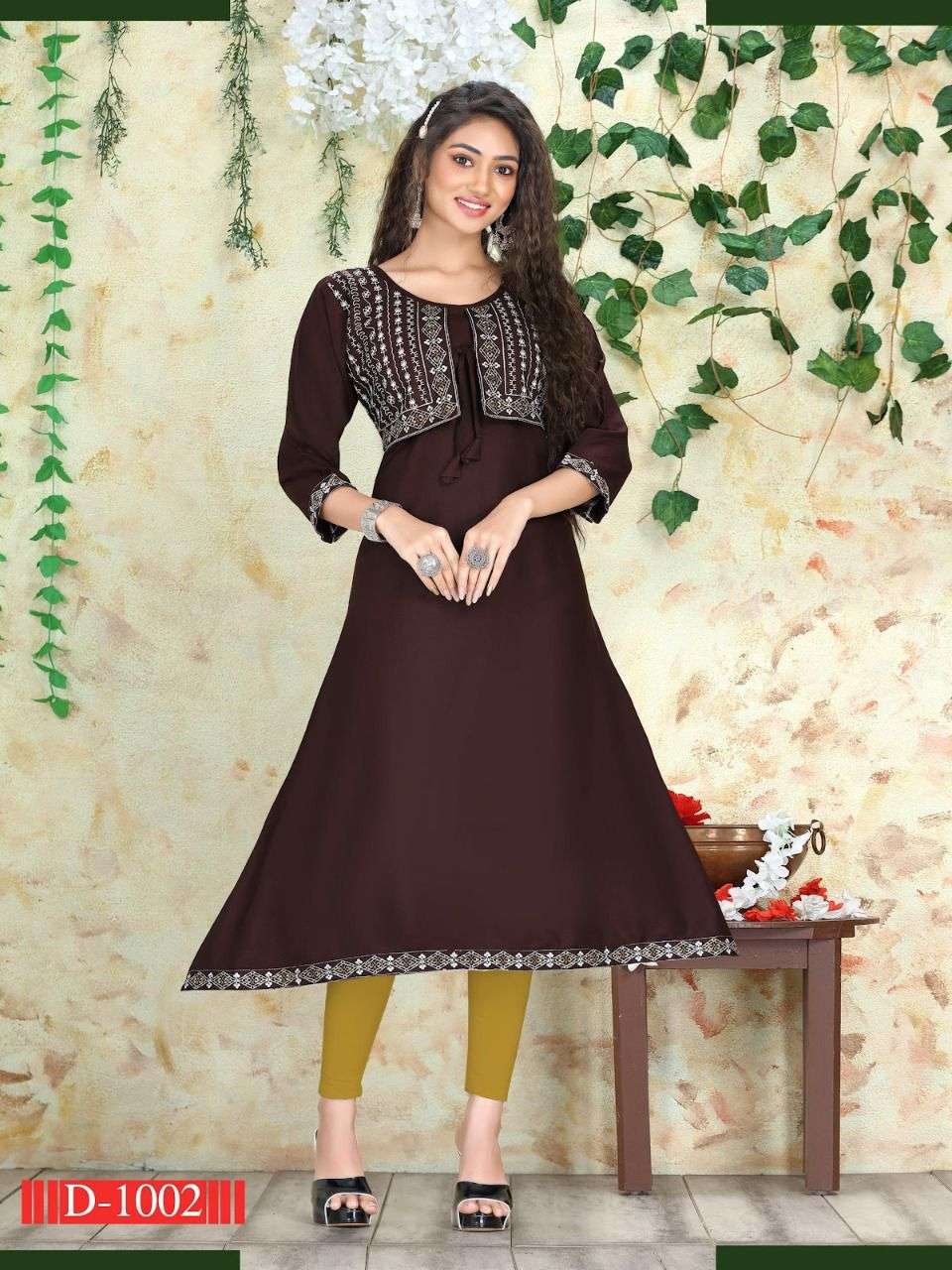 NEW RIYAA TIYA VOL.1  RAYON EMBROIDERY WORK KOTI STYLE ATTACHED KURTI CATALOG WHOLESALER BEST RATE